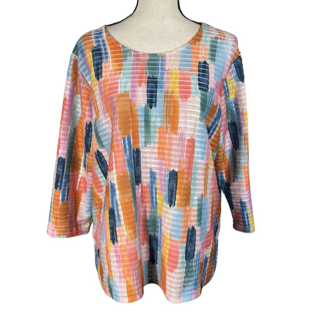 Alfred Dunner Large Top Abstract Stretch 3/4 Sleeves Slits Round Neck Multicolor